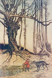Cuando llegó al bosque, se encontró con un lobo, de Los cuentos de hadas de los hermanos Grimm, pub. 1909